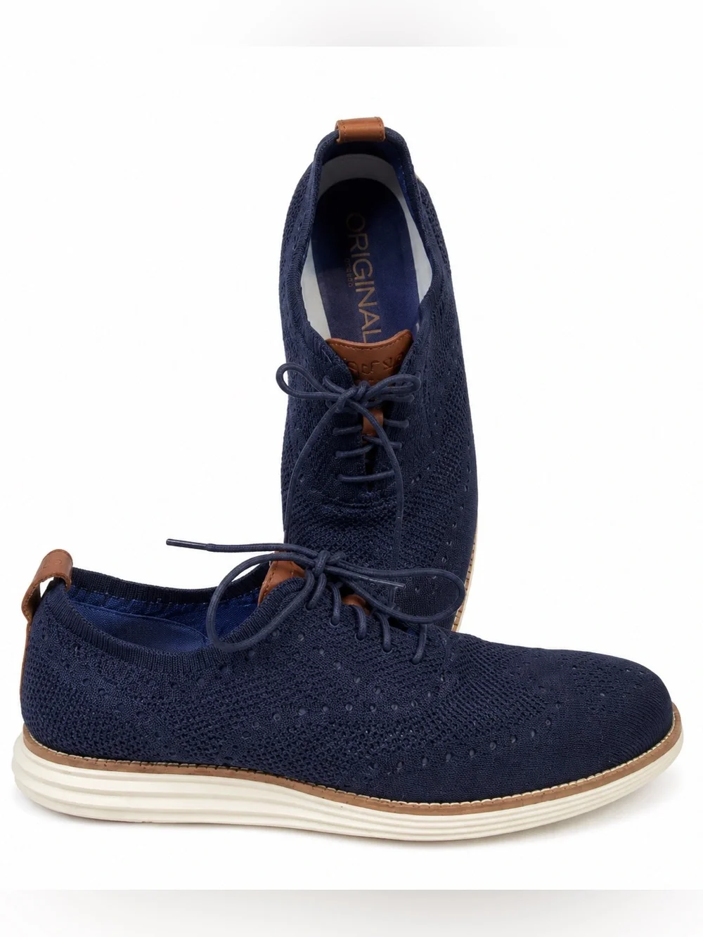 Cole Haan Men's Navy Knit Lace-Up Oxfords with Brown Trim 9.5